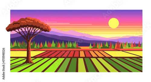 Vibrant agricultural fields under a breathtaking sunset sky with a solitary tree.