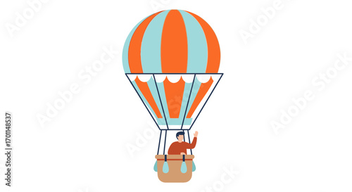 Joyful person waving from a colorful hot air balloon on a bright day