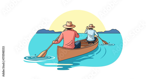 Two people in a canoe, paddling together on a calm lake under a bright sun.