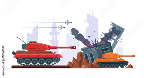 Modern warfare depicted with tanks and aircraft amidst urban destruction and smoke.