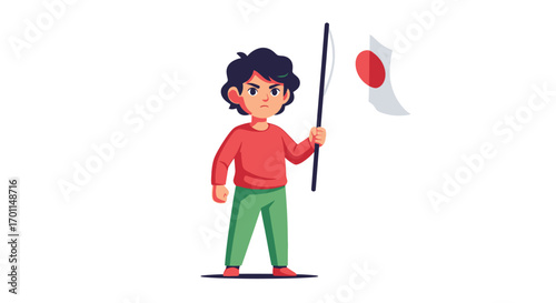 Determined young person proudly holding a national flag with a strong expression