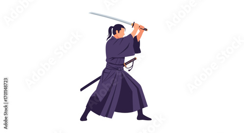 Warrior in traditional Japanese attire practicing sword fighting with a katana.