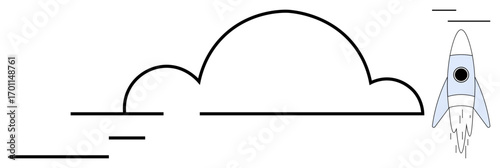 Rocket ascending with motion lines and curved cloud outlines, symbolizing innovation and limitless growth. Ideal for progress, exploration, startup, success, ambition, creativity, simple flat