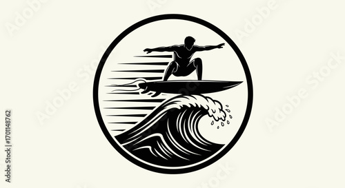 Dynamic silhouette of a surfer riding a powerful wave, captured in a bold circular emblem.