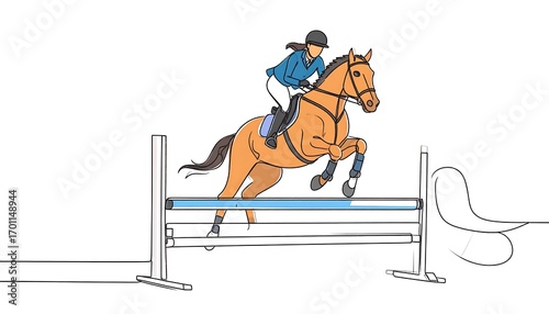 Equestrian athlete and horse gracefully vaulting over a jumping obstacle, depicted in a bold line art style.