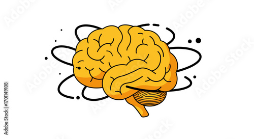 Stylized yellow human brain illustration with dynamic swirling lines symbolizing thought processes and mental activity.