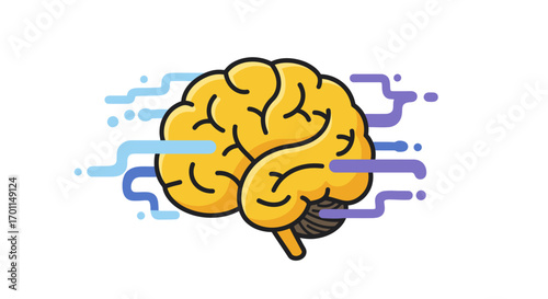 Stylized yellow human brain illustration with abstract blue and purple data lines flowing, symbolizing thought, intelligence, and digital processing.