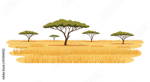 a serene landscape with scattered trees and golden grasslands