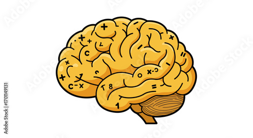 An illustrated human brain in yellow with black outlines, covered in various mathematical symbols, letters, and numbers, representing complex thought processes.