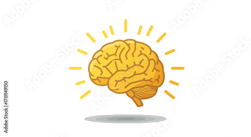Bright golden human brain icon glowing with radiating light, symbolizing intelligence, creativity, and innovative thought.