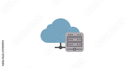 A blue cloud icon connected to a grey server rack, symbolizing cloud computing and data storage.