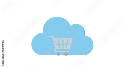 Digital commerce concept with a shopping cart symbol placed within a light blue cloud icon, signifying online retail and cloud-based services.