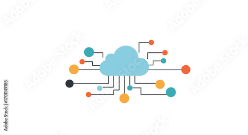 A stylized illustration of a blue cloud icon connected to multiple colorful data points, representing cloud computing and network connectivity.