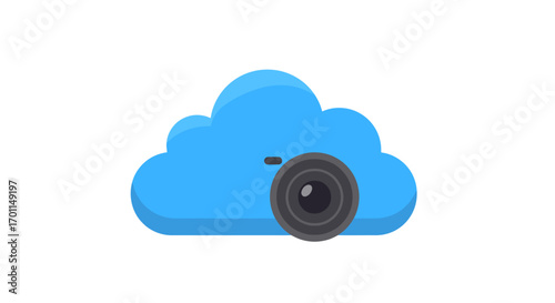 Blue cloud icon with a camera lens representing digital photo and video storage or cloud-based media services.