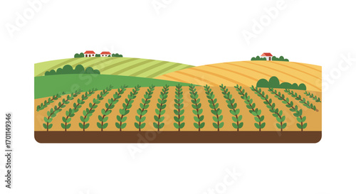 a serene countryside view with rolling hills and lush green fields