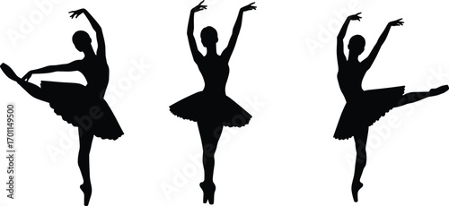 Silhouettes of three graceful female ballet dancers performing classic poses with tutus, demonstrating elegance, balance, flexibility, and artistic dance movement vector.Silhouettes of three graceful 