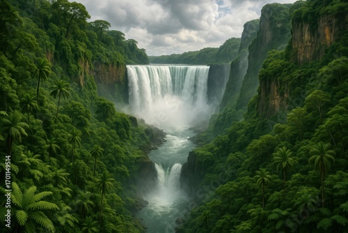 Majestic Niagara Falls thundering into misty canyon surrounded by lush rainforest vegetation and dramatic cliffs