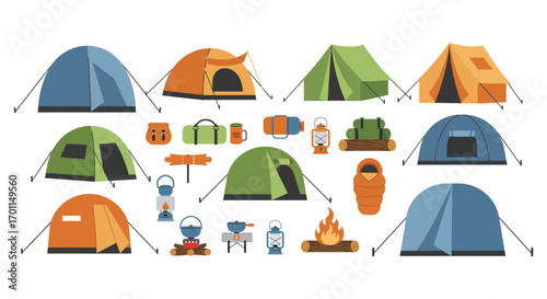camping gear collection featuring tents lanterns sleeping bags and backpacks