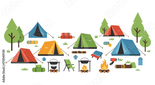 camping scene with colorful tents chairs trees and campfires