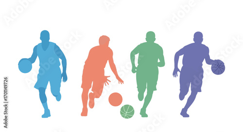 Dynamic silhouettes of diverse athletes dribbling basketballs, showcasing skill and movement in a vibrant display.