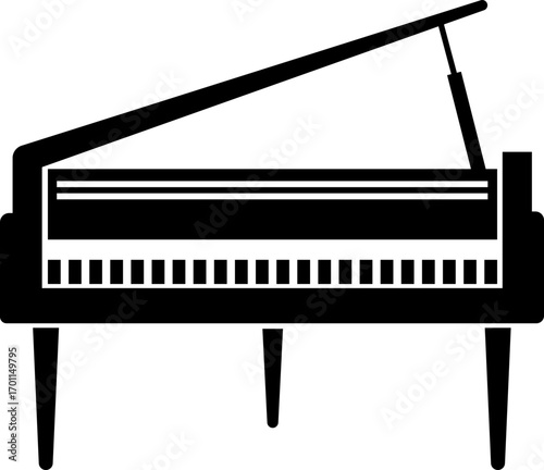 Black silhouette of upright piano icon isolated on transparent background. Graphic illustration. concept of musical instrument, classical music, piano recital, icon, logo, design element.