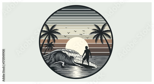 Surfer rides a wave at sunset with palm trees and birds in a retro circular design