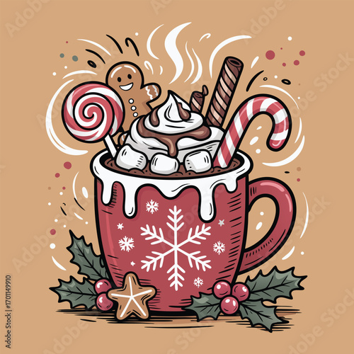 Festive hot chocolate mug with holiday treats whipped cream