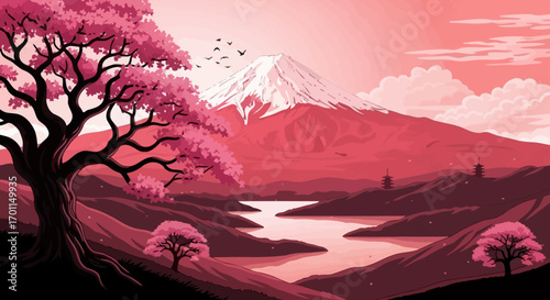 Serene landscape with blooming cherry blossoms and majestic snow-capped mountain