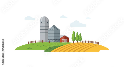 a quaint farm scene with silo barn fields and trees
