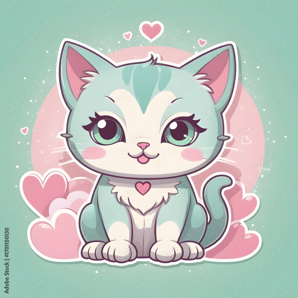 Fototapeta premium Adorable cartoon kitten surrounded by loving hearts brings joy to any project with vibrant colors
