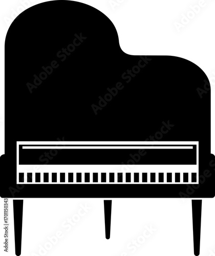 Black silhouette of upright piano icon isolated on transparent background. Graphic illustration. concept of musical instrument, classical music, piano recital, icon, logo, design element.