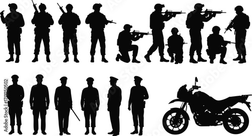Vector silhouettes of soldiers with rifles, police officers standing and walking, and a motorcycle, representing security, defense, and law enforcement.
