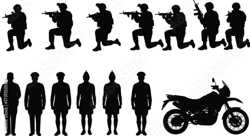 Vector silhouettes of armed soldiers aiming rifles, uniformed officers standing in line, and a detailed motorcycle for security theme.Vector silhouettes of 