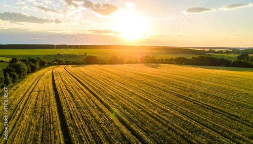 Aerial view of a golden field at sunset. Sun casts long shadows. Green tree line borders the horizon. Cloudy sky