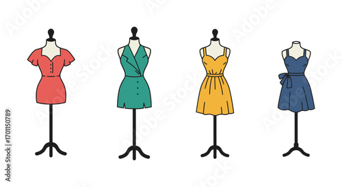 four mannequins displaying colorful dresses in various styles