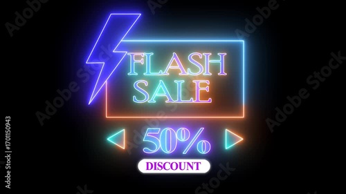 Glowing Neon Flash Sale Promo Animation with Electric Lightning Bolt – Shiny 50 Percent Discount Offer, Futuristic Neon Lights Shopping Banner and Special Promotion Advertising Video