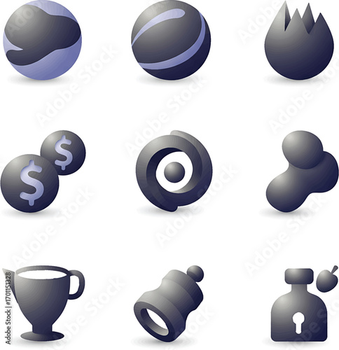 Collection of Nine 3D Abstract Icons Dark Gray and Blue Gradient Spheres Flame Dollar Signs Swirl and More.