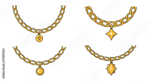 gold jewelry collection featuring necklaces with various pendants