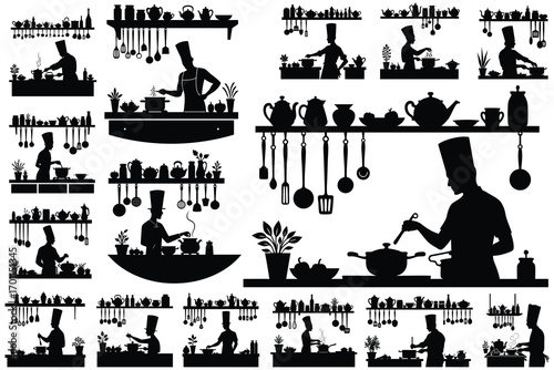 Silhouette chefs cooking in kitchens with shelves of cookware