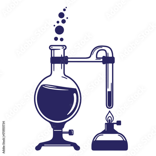 Illustration of a chemistry experiment showing distillation process with flask and burner