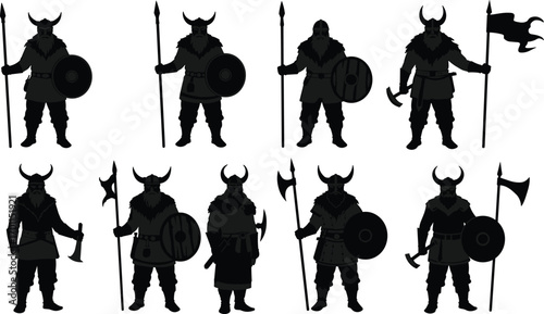 Viking warrior silhouettes with spears, axes, shields, and horned helmets holding flags, standing strong in medieval battle vector illustration.