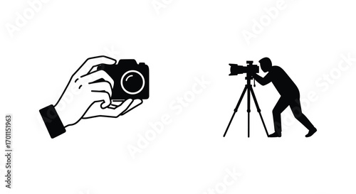 a hand holding camera beside person using tripod setup