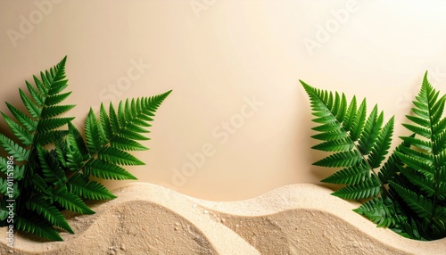 Fototapeta Naklejka Na Ścianę i Meble -  Green Fern Plants on Beige Sand Dunes