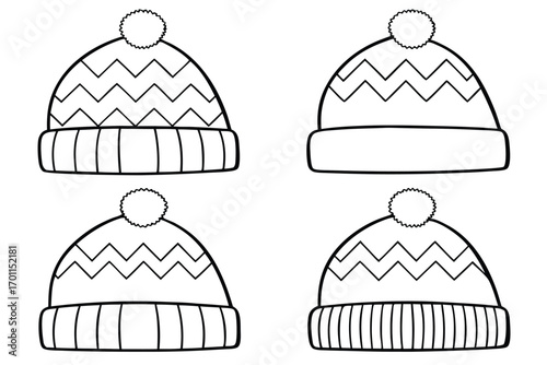 Four simple hand drawn line art illustrations of winter hats