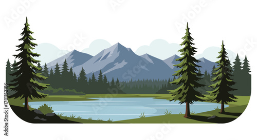 a serene lake surrounded by tall pine trees and distant mountains