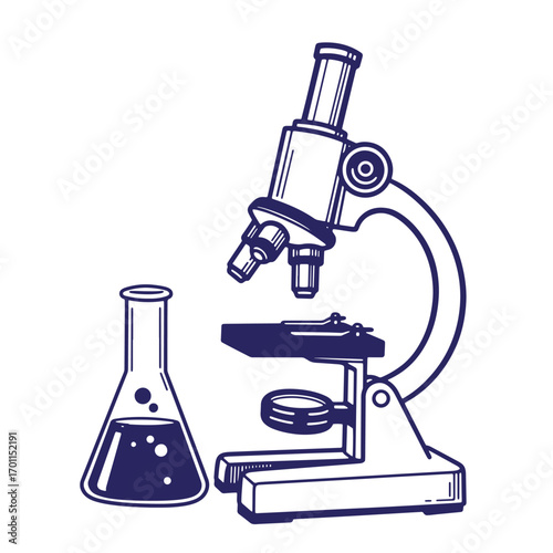Illustration of a microscope and erlenmeyer flask for scientific research or education purposes