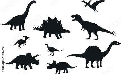 Silhouettes of various dinosaurs including flying and walking species, ideal for prehistoric, Jurassic, fossil, science, and educational designs.