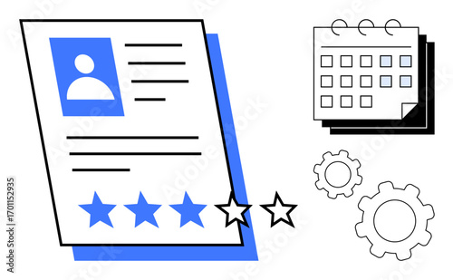 Profile with rating stars, calendar for scheduling, and gears showing teamwork. Ideal for HR processes, talent management, project evaluation, planning, productivity, recruitment simple landing page