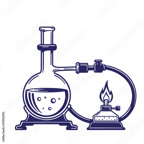 Scientific lab flask apparatus with flame burner boiling fluid and laboratory experiment icon