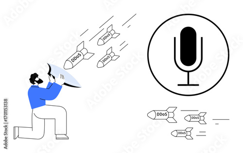Man using large megaphone deflecting incoming labeled DDoS attacks aimed at a microphone. Ideal for cybersecurity, digital safety, online threats, hacking, defense systems, IT security, simple